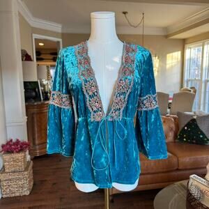 teal crushed velvet lace trim boho fairy open front top small